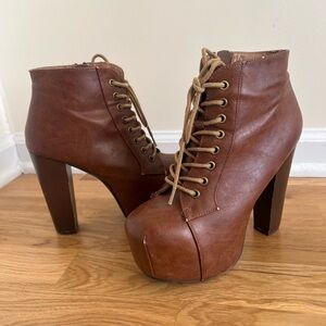 Brown Faux Leather Ankle Boots Chunky Stacked Hidden Platform High Heel Booties